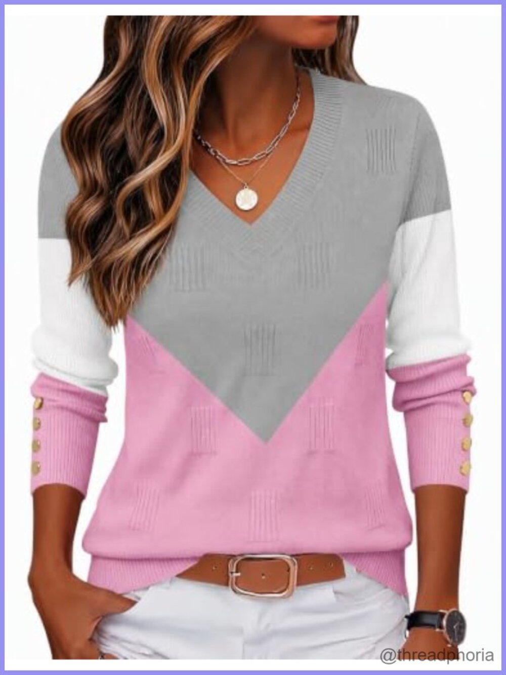 Women's V-Neck Pullover Sweater Lightweight Ribbed Knit Long Sleeve